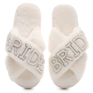 Customized White Soft Plush Fluffy Cross Band Rhinestone Bride Slippers for Wedding