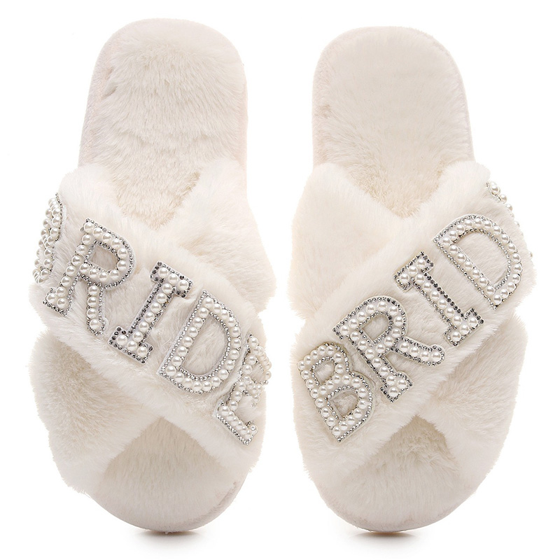 Customized White Soft Plush Fluffy Cross Band Rhinestone Bride Slippers for Wedding