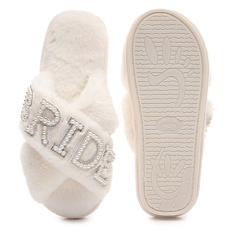 Customized White Soft Plush Fluffy Cross Band Rhinestone Bride Slippers for Wedding - Image 3
