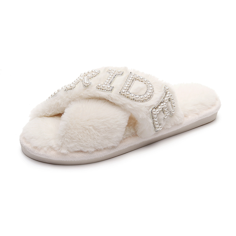 Customized White Soft Plush Fluffy Cross Band Rhinestone Bride Slippers for Wedding - Image 4