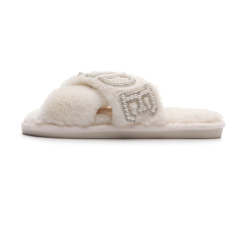 Customized White Soft Plush Fluffy Cross Band Rhinestone Bride Slippers for Wedding - Image 5