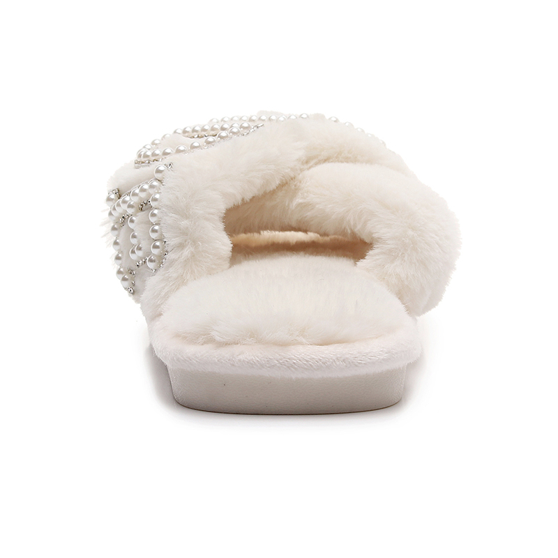 Customized White Soft Plush Fluffy Cross Band Rhinestone Bride Slippers for Wedding - Image 6