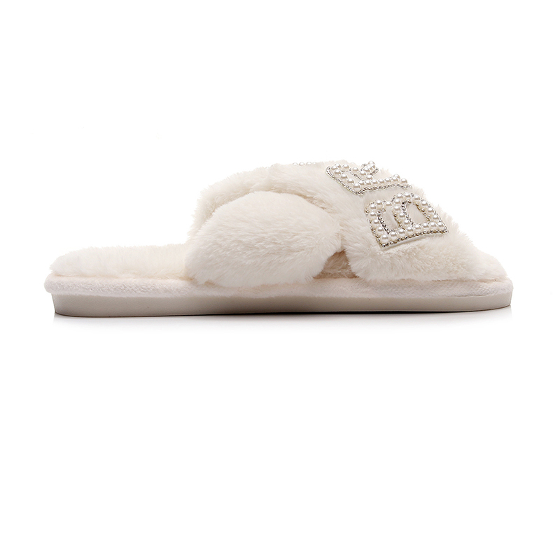 Customized White Soft Plush Fluffy Cross Band Rhinestone Bride Slippers for Wedding - Image 7