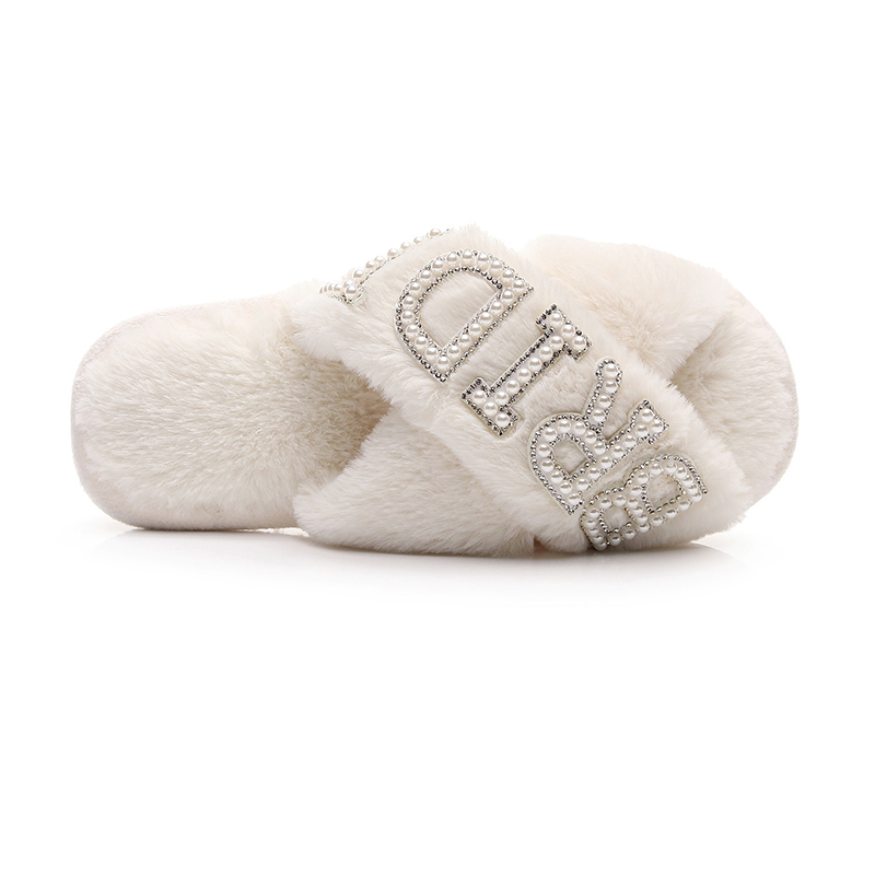 Customized White Soft Plush Fluffy Cross Band Rhinestone Bride Slippers for Wedding - Image 8