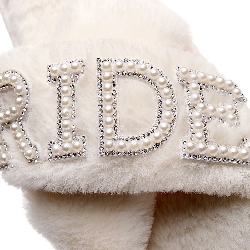Customized White Soft Plush Fluffy Cross Band Rhinestone Bride Slippers for Wedding - Image 10
