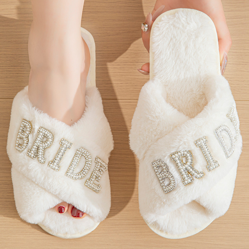Customized White Soft Plush Fluffy Cross Band Rhinestone Bride Slippers for Wedding - Image 15