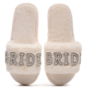 Customized White Soft Plush Fluffy Rhinestone Winter Bride Slippers for Wedding
