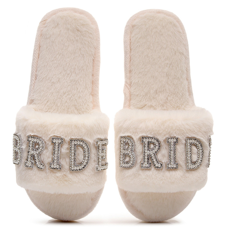 Customized White Soft Plush Fluffy Rhinestone Winter Bride Slippers for Wedding