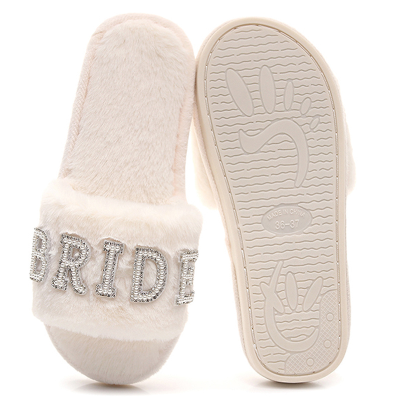 Customized White Soft Plush Fluffy Rhinestone Winter Bride Slippers for Wedding - Image 3