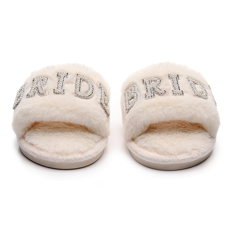 Customized White Soft Plush Fluffy Rhinestone Winter Bride Slippers for Wedding - Image 4