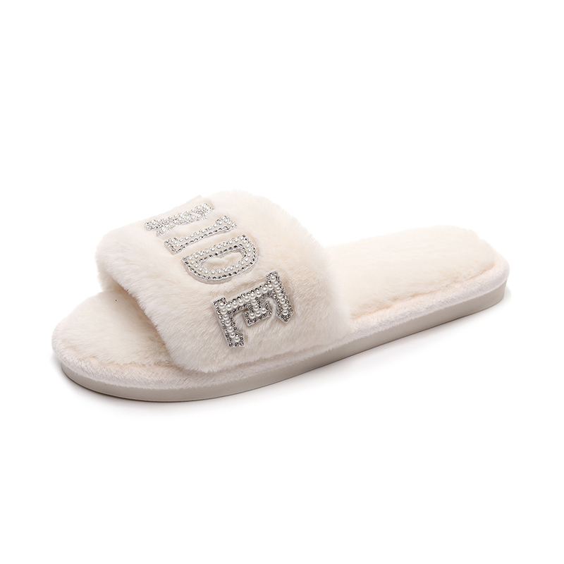 Customized White Soft Plush Fluffy Rhinestone Winter Bride Slippers for Wedding - Image 5