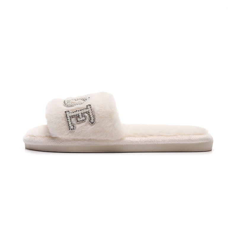 Customized White Soft Plush Fluffy Rhinestone Winter Bride Slippers for Wedding - Image 6