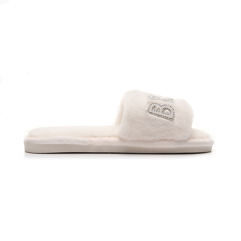 Customized White Soft Plush Fluffy Rhinestone Winter Bride Slippers for Wedding - Image 8