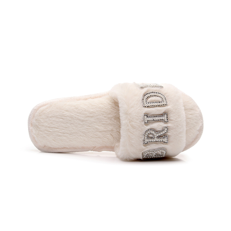 Customized White Soft Plush Fluffy Rhinestone Winter Bride Slippers for Wedding - Image 9