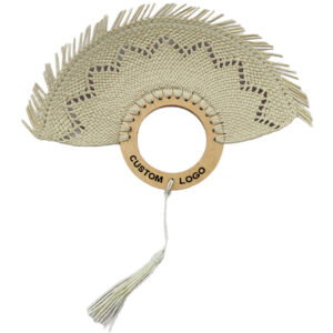 Custom Natural Raffia Straw Palm Woven Hand Fan with Solid Round Wood Handle