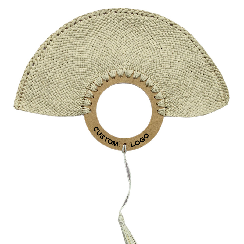 Custom Wood Handle Natural Raffia Straw Palm Woven Hand Fan Wholesale